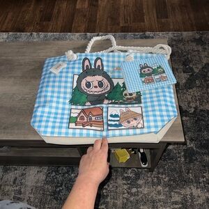 Blue Checkered Tote Bag with Cartoon Design